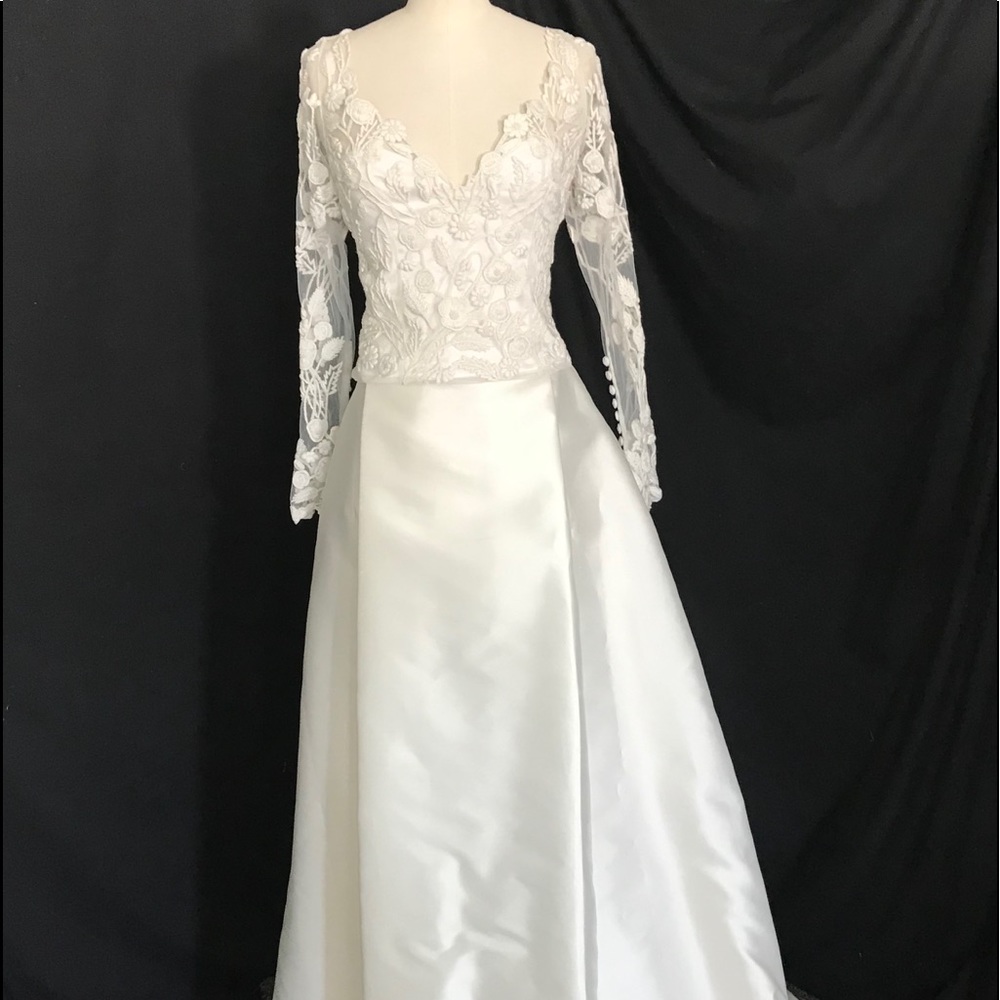 Wedding Dress Designer 12 Ivory Mikado Silk Long Sleeve Lace Bowen Dryden NWOT